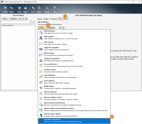 Choosing the Strip/dump attachments action on the Actions tab.