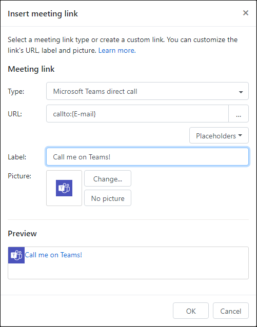 Creating a Teams link in the Insert meeting link window.