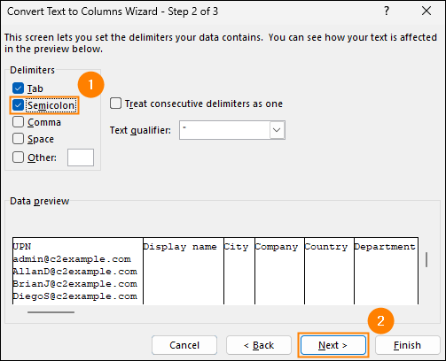 Setting semicolon as the correct delimiter character for the CSV file.