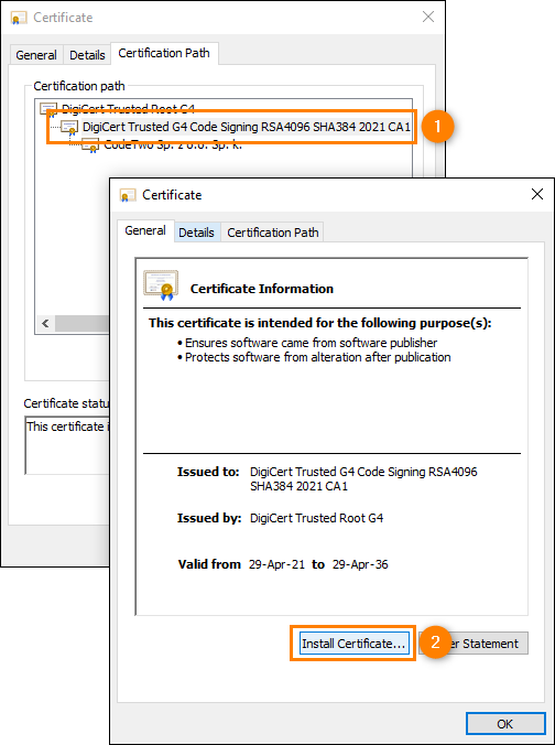 Installing intermediate certificate.