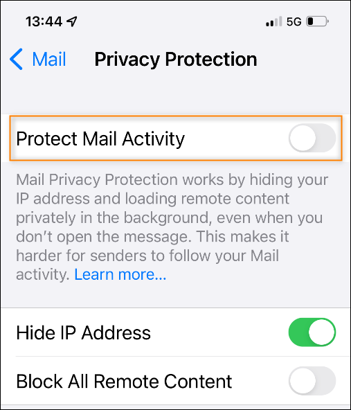 Disabling the Protect Mail Activity feature in Apple Mail.