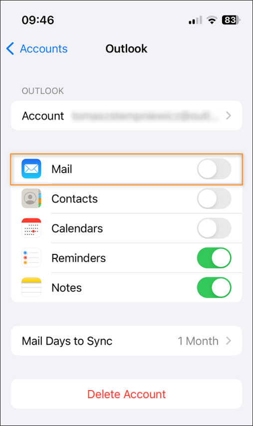 Disabling email syncing for a sample Outlook email account in Apple Mail.