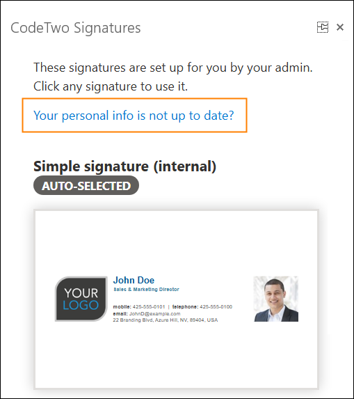 Use the highlighted link in the add-in pane to update your user information in email signatures.