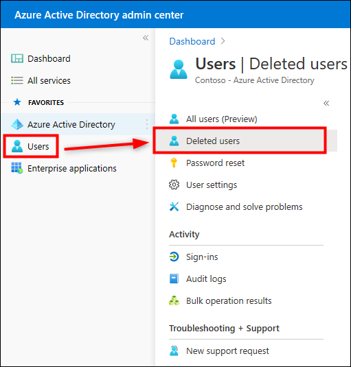 Opening the list of recently deleted users in Azure AD admin center.