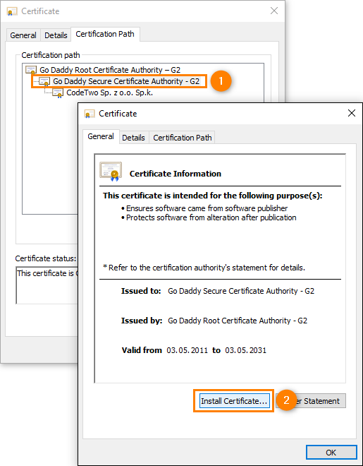 Installing GoDaddy Secure Server Certificate (intermediate certificate).