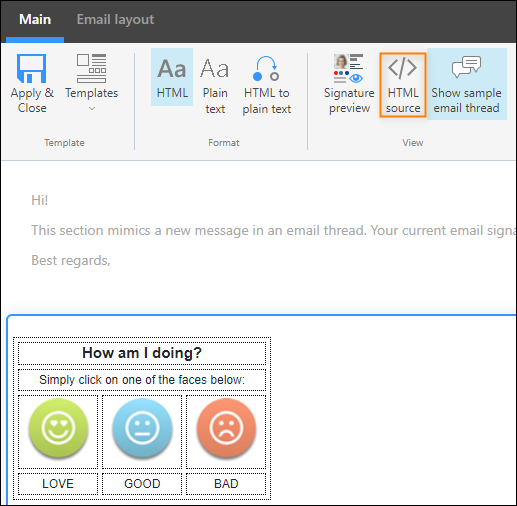 Accessing the HTML source code view.