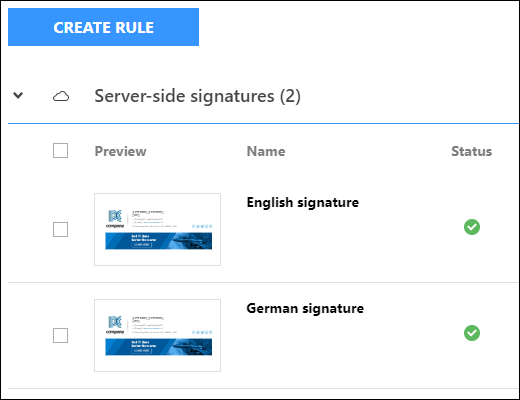Two signature rules with different language versions of the default signature to choose from.
