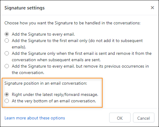 The additional placement settings for signatures.