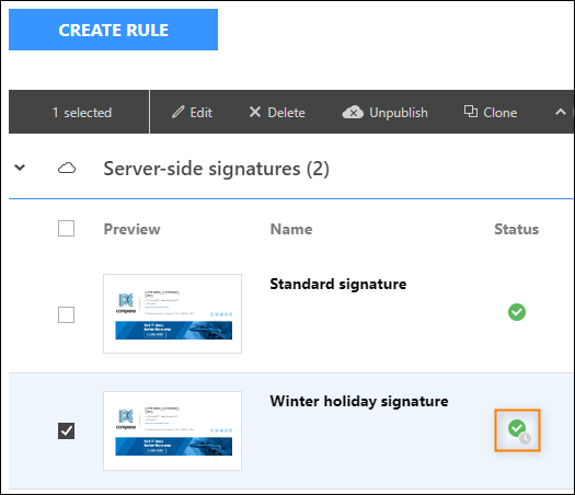 This icon indicates that the rule is scheduled and is currently inactive.