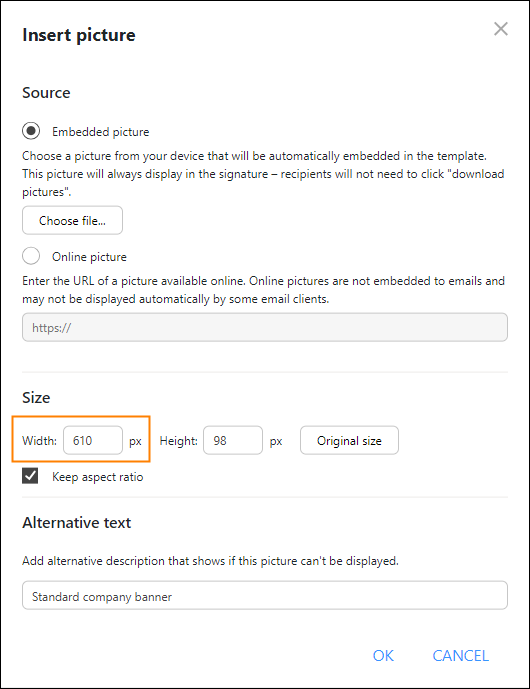Adding a standard company banner – the banner width matches the previously checked table cell width.