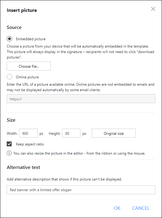The Insert picture configuration window.