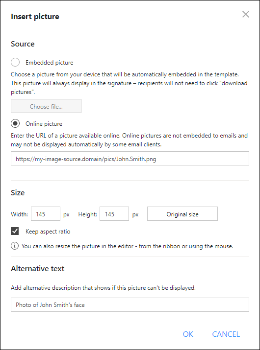 Providing the address (URL) of an online picture.