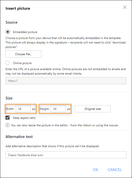 The controls that allow you to resize the image on inserting it in the template editor.
