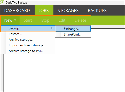 Creating a new Exchange backup job.