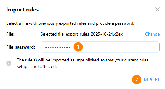 Providing a password to import rules.