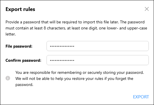 Setting up a password for the exported file.