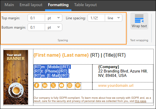 Spacing options on the Formatting tab.