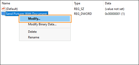 Modifying a value in the Registry Editor.