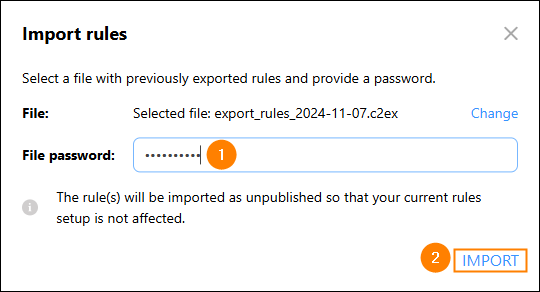 Providing a password to import rules.