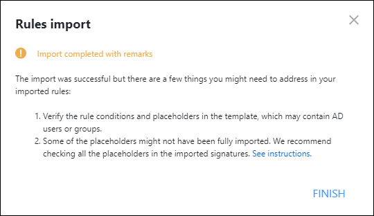 A notification showing things you need to address after the import.