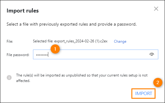 Providing a password to import rules.