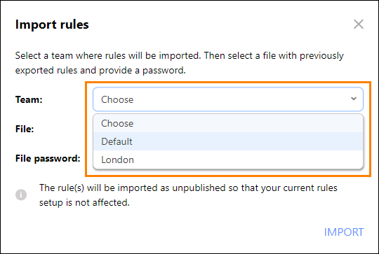 Importing rules to a specific team.