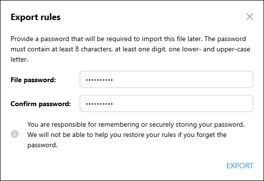 Setting up a password for the exported file.
