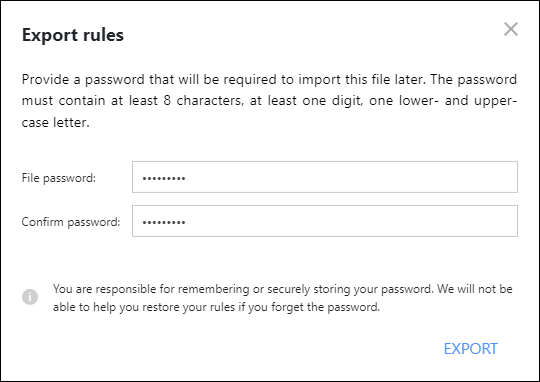 Setting up a password for the exported file.