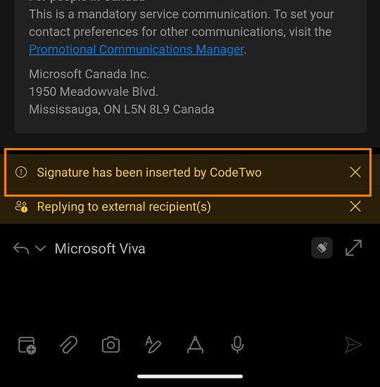 An example of a notification shown by CodeTwo's add-in in Outlook for Android.