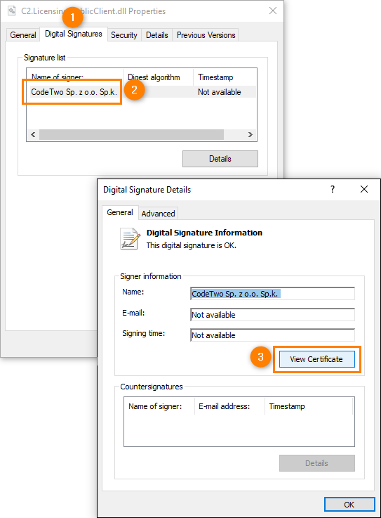 Accessing the CodeTwo certificate.