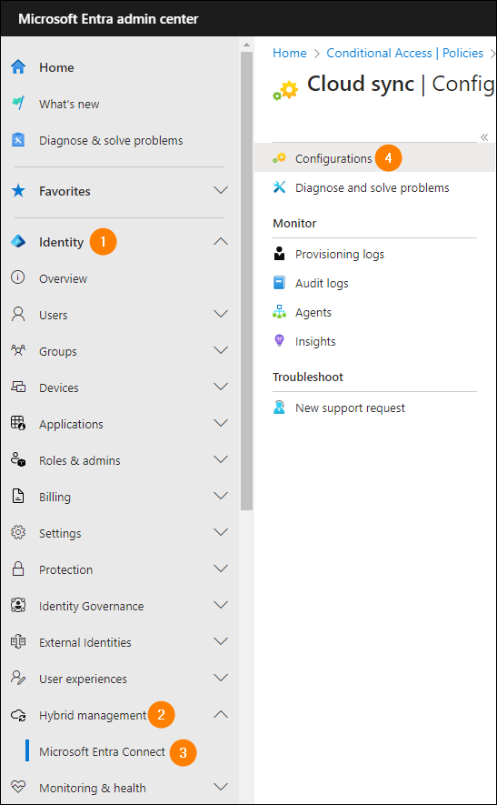 Accessing cloud sync configurations in the Microsoft Entra admin center.