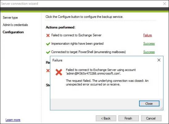 Connection to Microsoft 365 cannot be established.