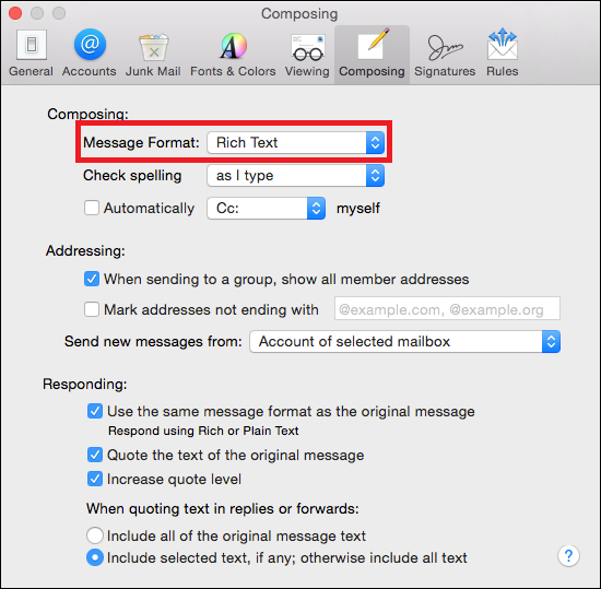 Composing preferences in Apple Mail.