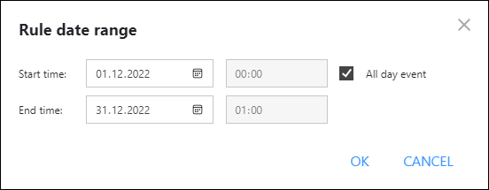 Setting the date range for the temporary signature rule.