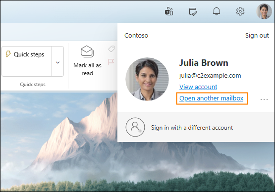 Using the Open another mailbox option in Outlook on the web allows delegated users to access a shared mailbox.