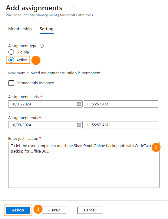 Configuring the role assignment settings.