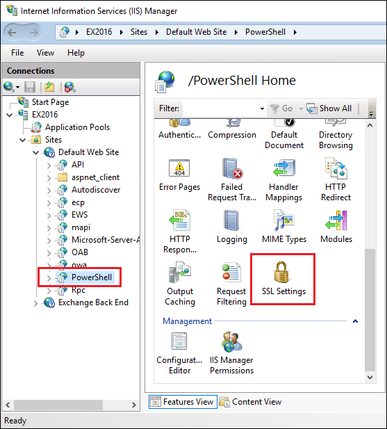 Accessing the SSL settings in IIS Manager