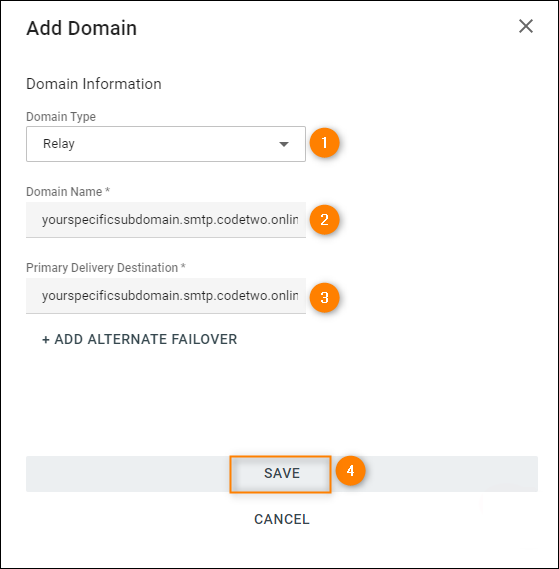 Adding your unique CodeTwo domain to the Domains list in Proofpoint.