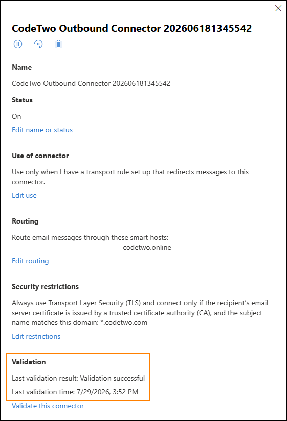 Successful validation status in the CodeTwo outbound connector’s pane.