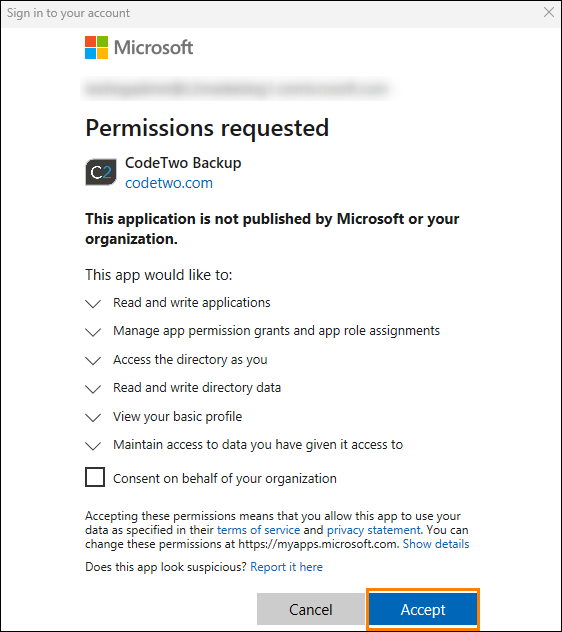 Granting the necessary permissions to CodeTwo Backup.
