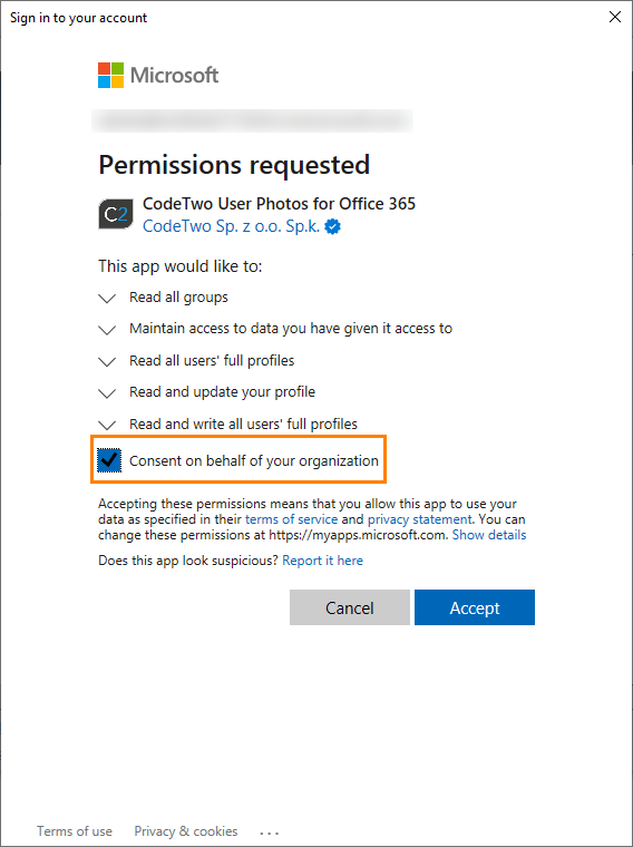 Granting permissions to the application on behalf of all users.