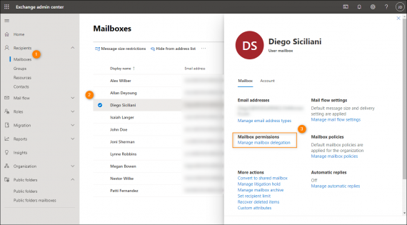 Managing delegate permissions to a user mailbox in EAC in Exchange Online.