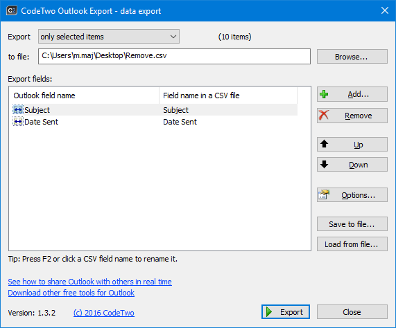 Data export via CodeTwo Outlook Export