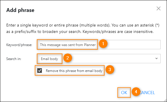 Creating a keyword-based condition to trigger the rule and add a Planner-specific signature.