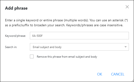 Configuring an autoresponder rule by specifying the keyword/phrase condition concerning a retired product.