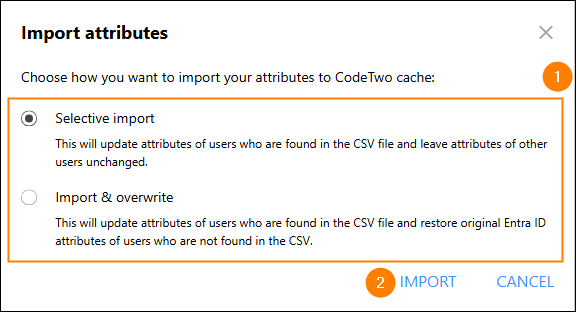 Choosing how to import bulk edited attributes into CodeTwo Azure AD cache.