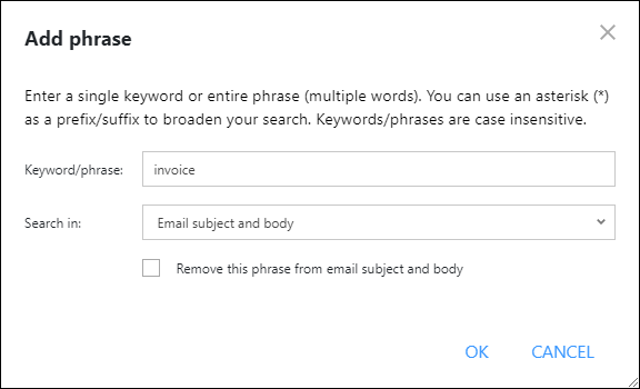 Configuring the 'invoice' keyword that will trigger your autoresponder rule.