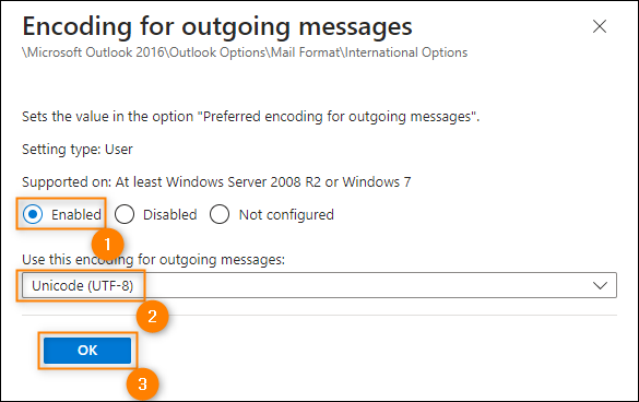 Globally setting UTF-8 as the preferred encoding for outgoing messages (Intune).