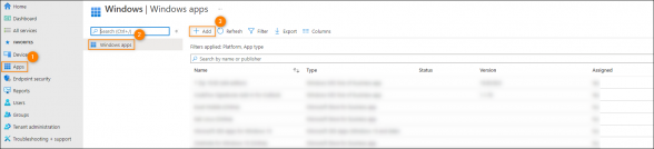 Adding a new Windows app in the Microsoft Endpoint Manager admin center.