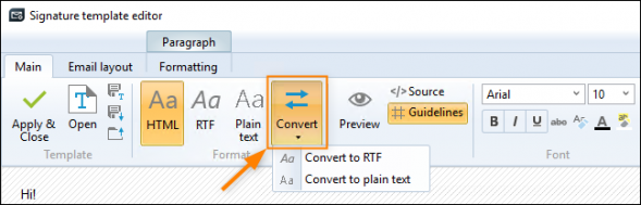The Convert button on the ribbon in current versions of CodeTwo applications.